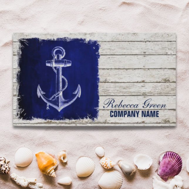 Carte De Visite plage chic bois nautique marine bleu ancre (beach chic wood nautical navy blue anchor business card)