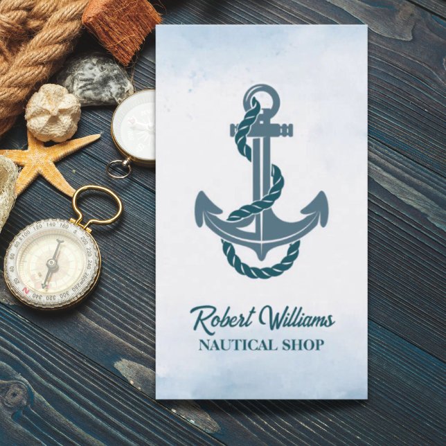 Carte De Visite Plage côtière Bleu Aquarelle Navire Ancre nautique (Coastal Beach Blue Watercolor Ship Anchor Nautical Business Card)