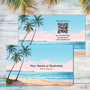 Carte De Visite Plage et palmiers avec QR Code Tropical