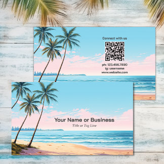 Carte De Visite Plage et palmiers avec QR Code Tropical