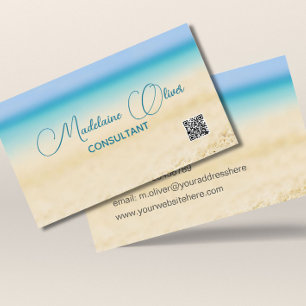 Carte De Visite Plage Océan Côte QR Code bleu moderne