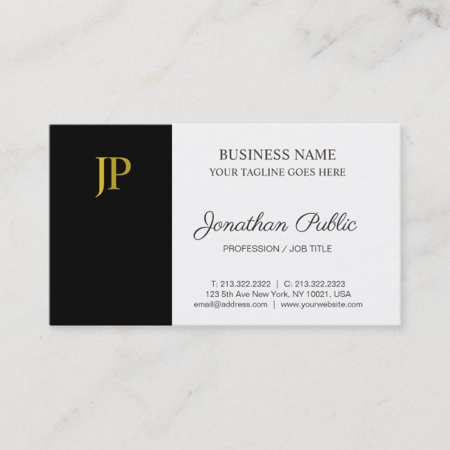 Carte De Visite Plaine de Monogram Modern Blanc Black Gold Company (Devant)