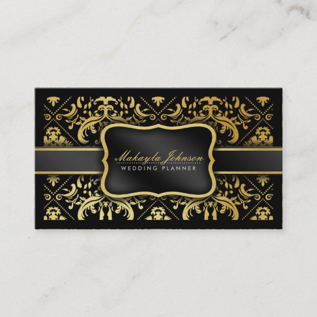 Carte De Visite Planificateur élégant de mariage damassé de noir (Devant)