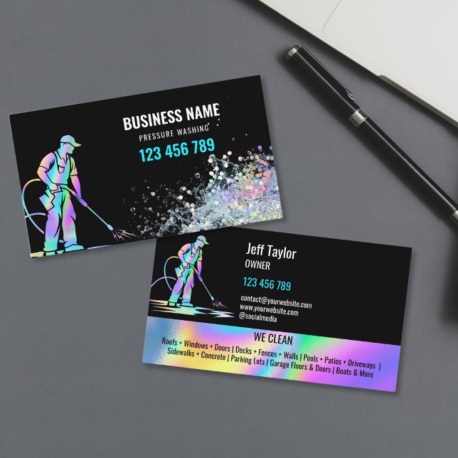 Carte De Visite Plaque de toit pour lave-pression professionnelle (holographic foil power washer with water splash business cards)