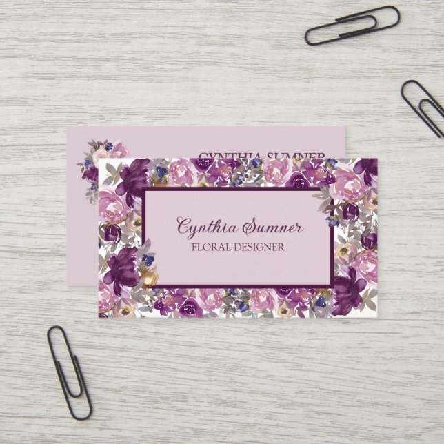 Carte De Visite Plum élégant, rose et violet floral (Devant/Arrière en situation)