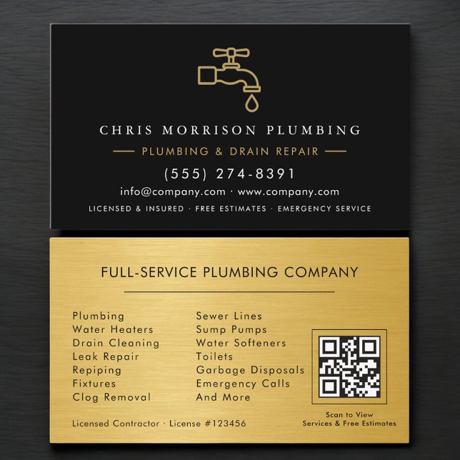 Carte De Visite Plumber Black & Gold Metallic QR Code (Créateur téléchargé)