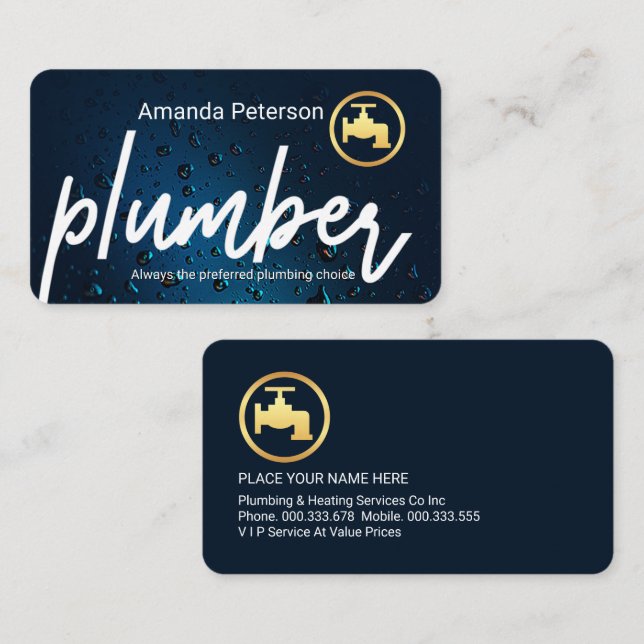 Carte De Visite Plumber Signage In Blue Waterdrops (Devant / Derrière)
