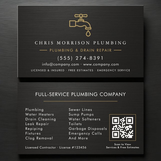 Carte De Visite Plumbing QR Code Metallic Black & Gold  (Créateur téléchargé)