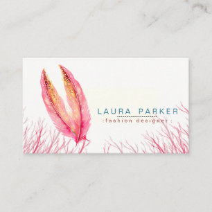 Carte De Visite Plumes roses Aquarelle Boho Girly Chic