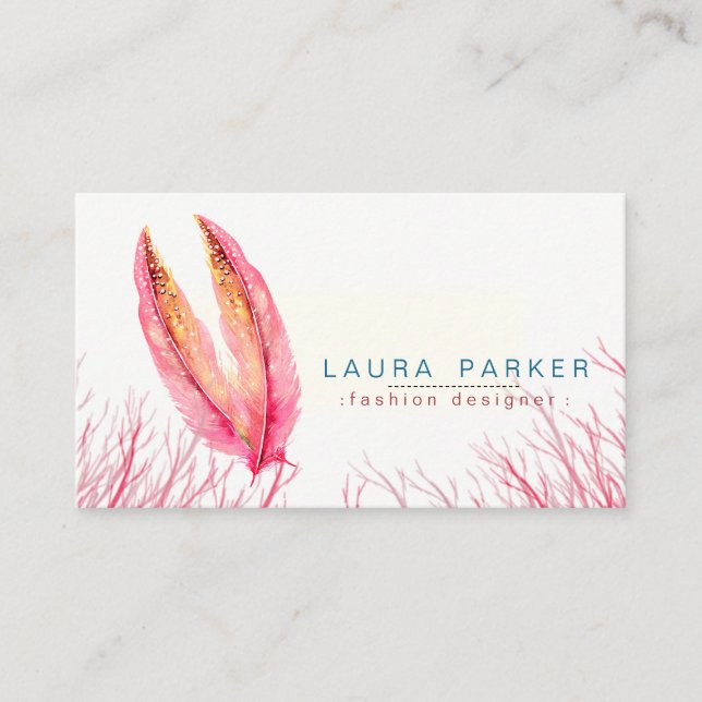 Carte De Visite Plumes roses Aquarelle Boho Girly Chic (Devant)