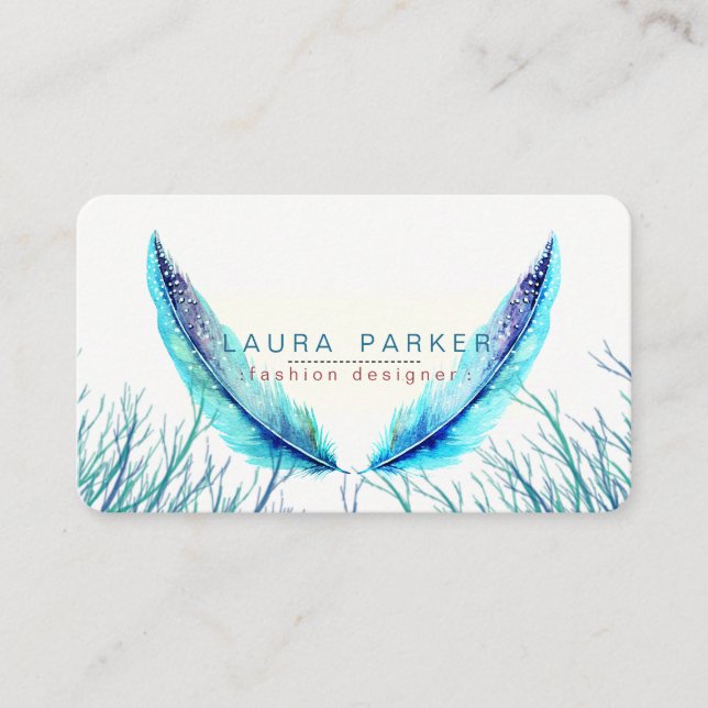 Carte De Visite Plumes turquoise Aquarelle Boho Plage Turquoise (Devant)