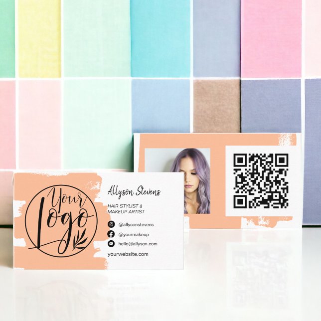 Carte De Visite Pocher chic brosse cheveux maquillage photo logo q (Peach chic brush hair makeup photo logo qr code business card)