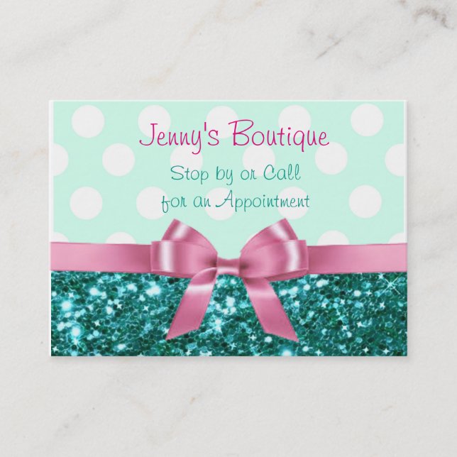 Carte De Visite Pointe Polka turquoise et blanche avec Bow rose et (Devant)