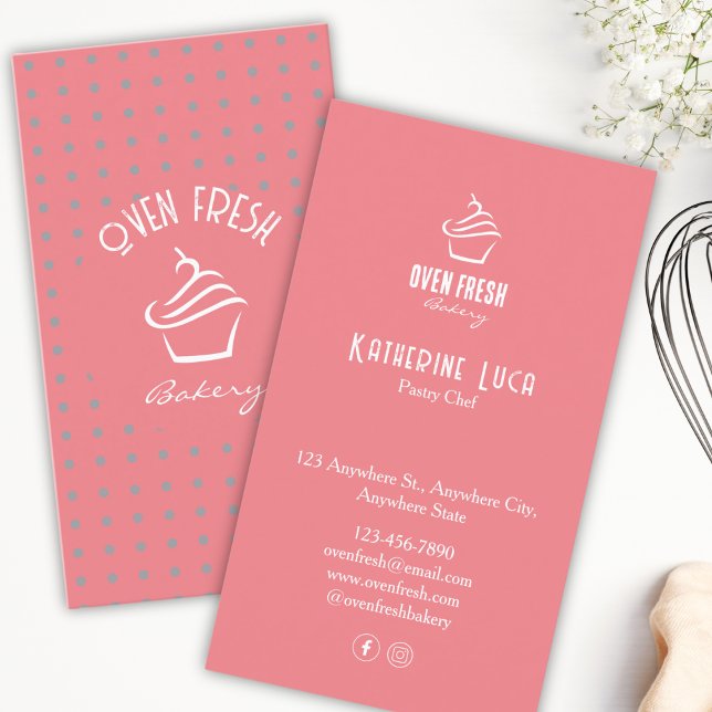 Carte De Visite Points de texte rose blanc Cupcake Boulangerie (Créateur téléchargé)