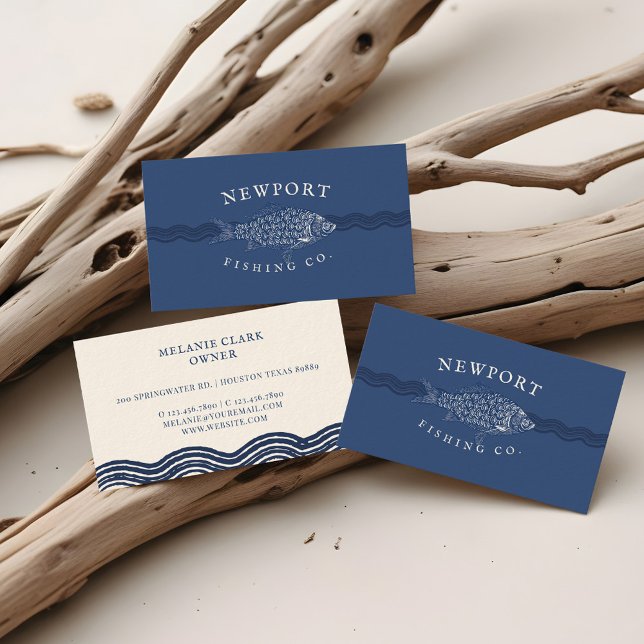 Carte De Visite Poisson vintage, Vagues Océan Thème Marine (Vintage Etched Style Fish, Waves Ocean Theme Navy Business Card)