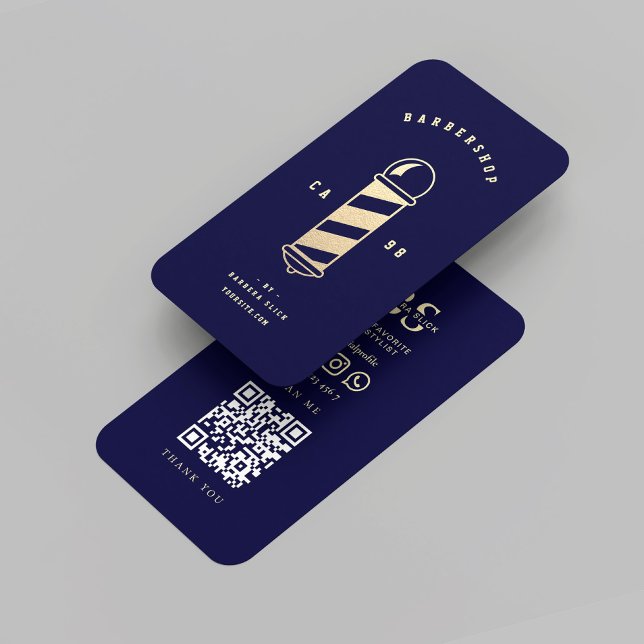 Carte De Visite Pole Barbier d'or moderne Barbier d'argent Midnigh (Modern Gold Barber's Pole Barbershop Midnight blue Business Card
)