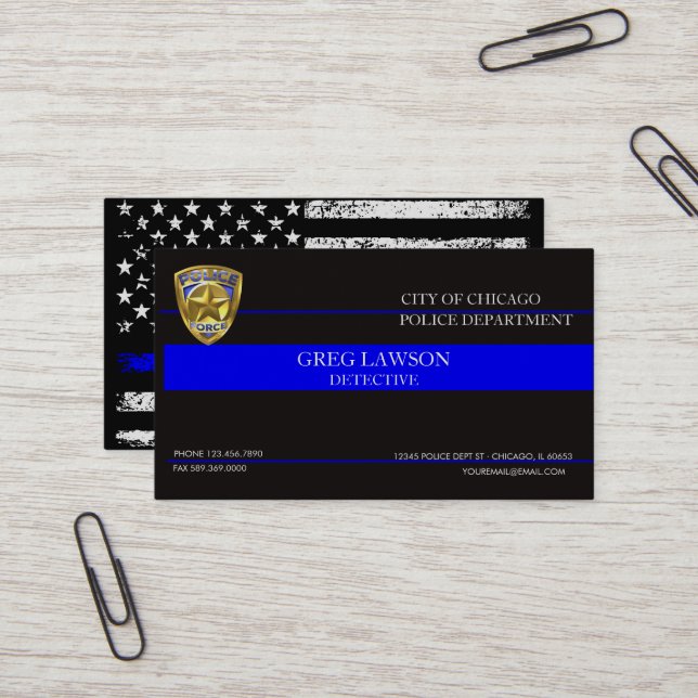 Carte De Visite Police Officier Ligne Bleue Mince Indicateur Polic (Devant/Arrière en situation)