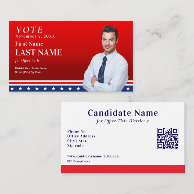 Carte De Visite Political Election Campaign Red Candidate Custom  (Devant / Derrière)