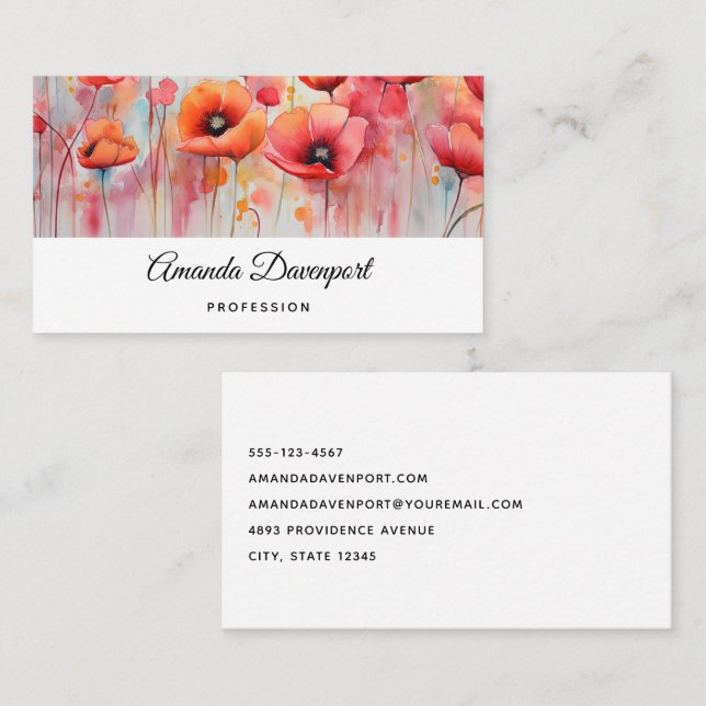 Carte De Visite Poppies rouges dans une aquarelle de champ (Devant / Derrière)