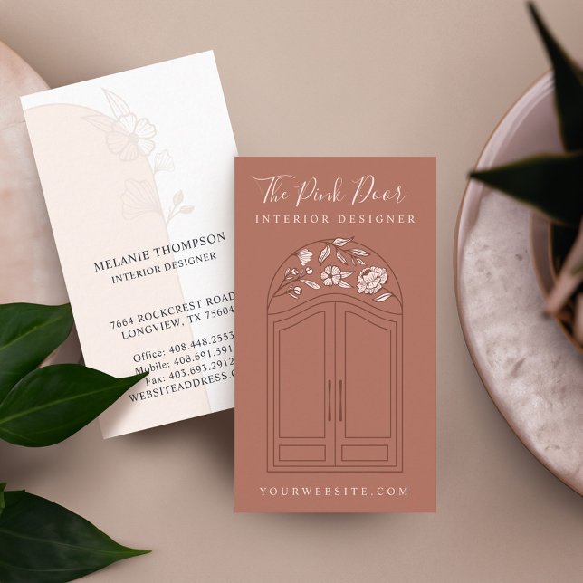 Carte De Visite Porte d'entrée moderne Floral Rose Brown (Modern Floral Rose Arch Entrance Front Door Brown Business Card)