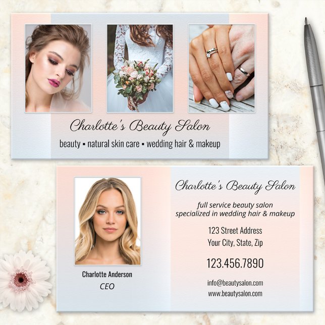Carte De Visite Portefeuille de photos Beauty Salon Professionnel (Elegant business card featuring your custom photos on a dusty blue and peach design)