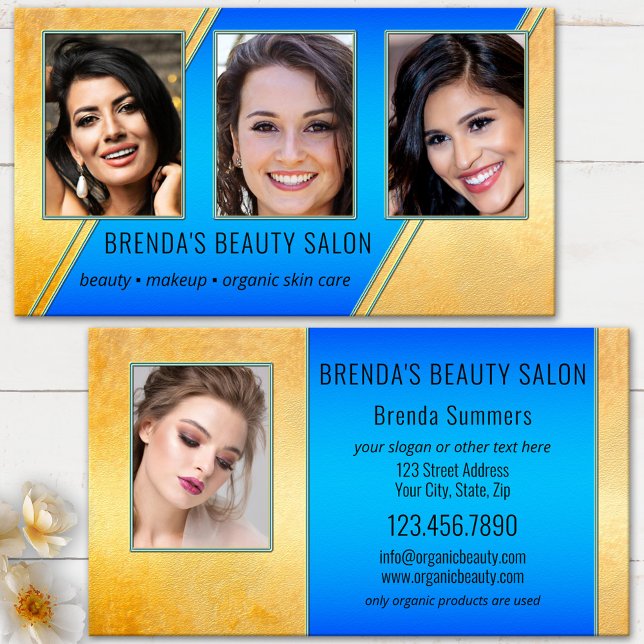 Carte De Visite Portfolio Beauty Salon Bleu Or (Modern beauty business card showing your photos framed by a turquoise blue and gold artistic design)
