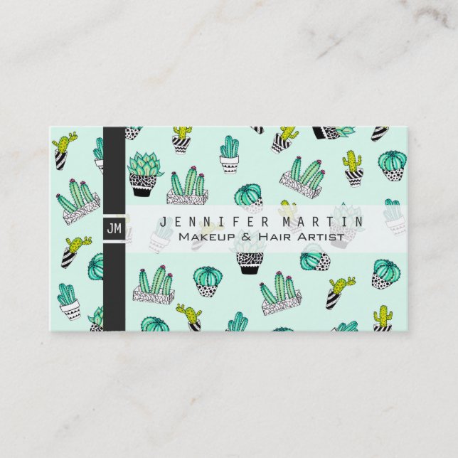 Carte De Visite Pots noirs et blancs de cactus d'aquarelle d'été (Devant)