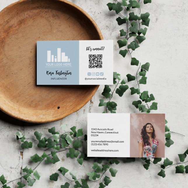 Carte De Visite Poudre Bleu votre logo QR Code Photo Médias sociau (Créateur téléchargé)
