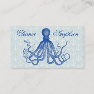 Carte De Visite Poulpe bleu vintage avec des Ancres personnalisée
