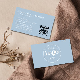 Carte De Visite Powder Blue Elegant Custom Company Logo QR Code