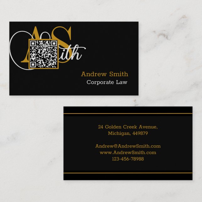 Carte De Visite Premium Black & Gold personnalisé, code QR, profes (Devant / Derrière)