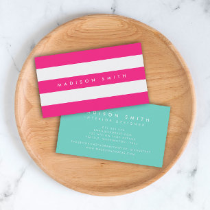 Carte De Visite Preppy Chic rose et blanc rayures avec turquoise