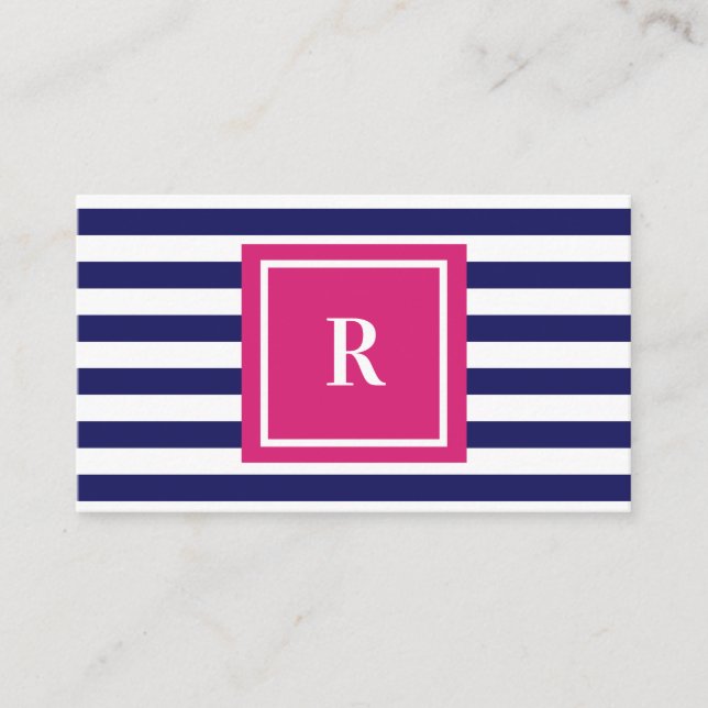 Carte De Visite Preppy Navy Bleu Stripes & Hot Pink Monogramme (Devant)