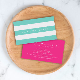 Carte De Visite Préppy Turquoise et Blancs avec rose