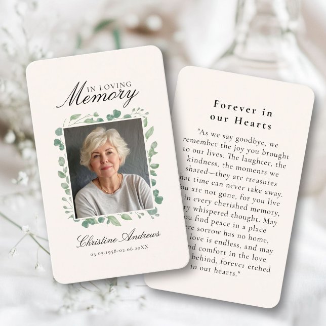 Carte De Visite Prière de photos funéraires "En mémoire de l'amour ("In Loving Memory" Funeral Photo Prayer Beige Business Card)