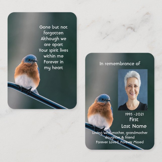 Carte De Visite Prière photo commémorative Bluebird Garden Bird (Devant / Derrière)