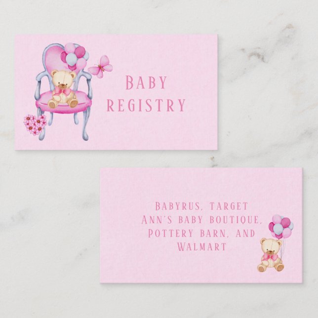 Carte De Visite Princess Chair Teddy Bear Balloon Girl Registry (Devant / Derrière)
