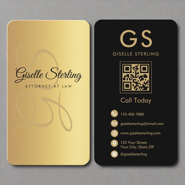 Carte De Visite Procureur de la loi Monogram Gold Black QR Code (Créateur téléchargé)