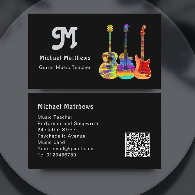 Carte De Visite Professeur de Guitare Code QR Personnalisé (Modern Guitar Teacher Social Media Logo custom template sleek black Business Card  )