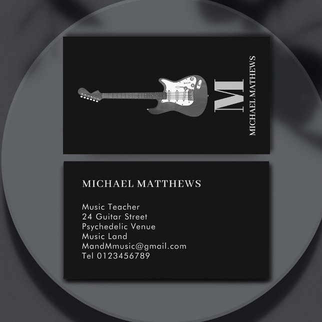 Carte De Visite Professeur de guitare Monogramme Simple Noir et Bl (Guitar music teacher black and white professional business card)