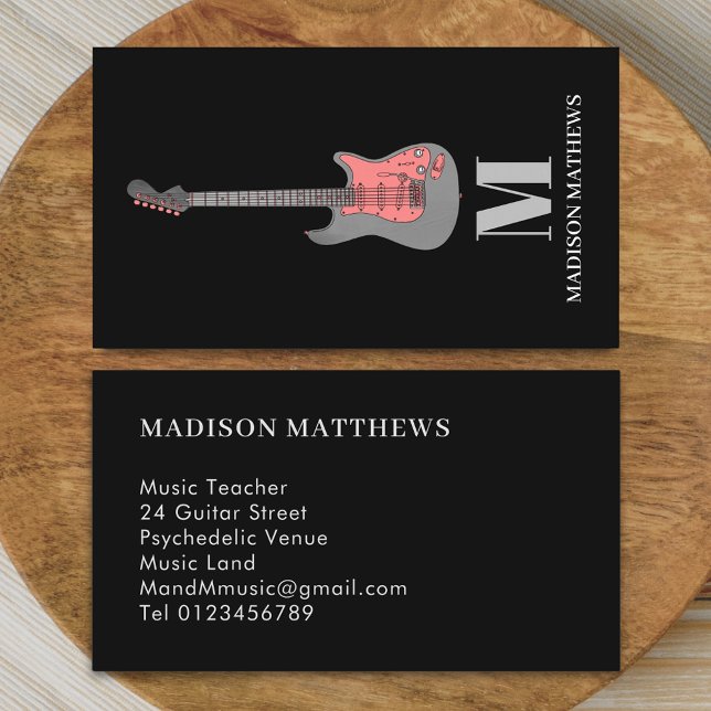 Carte De Visite Professeur de guitare Monogramme Simple Rose Noir (Modern minimalist guitar music teacher professional musician pink and black monogram Business card)
