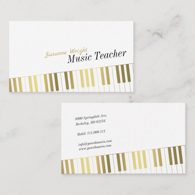 Carte De Visite Professeur de musique | Clés de piano dorées (Devant / Derrière)