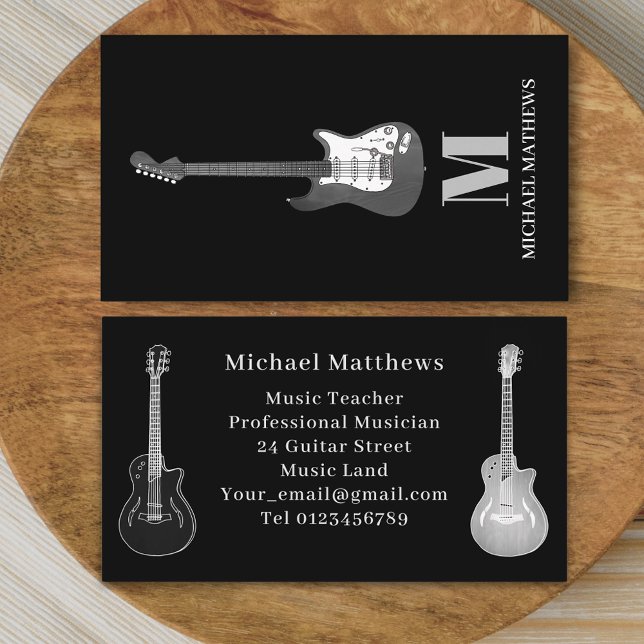 Carte De Visite Professeur de musique de guitare professionnelle (Modern Guitar music tutor professional musician black gray Business card simple minimalist design)