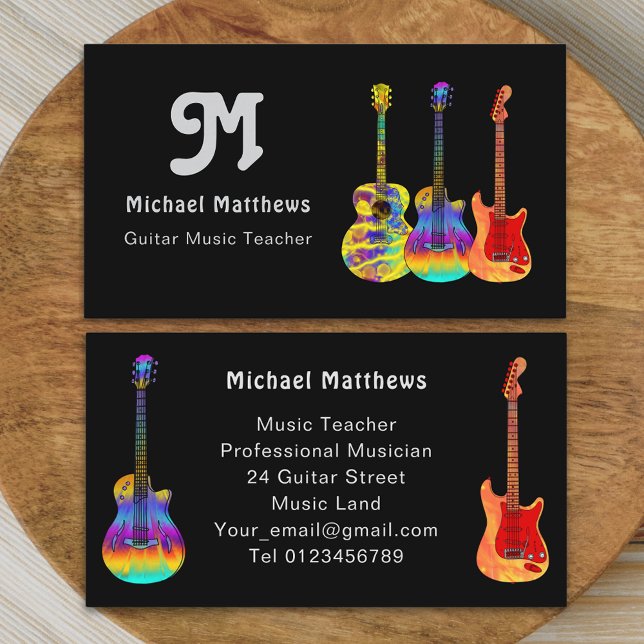 Carte De Visite Professeur de musique de guitare rétro sur mesure (Modern retro guitar music teacher professional musician Business card funky art guitars groovy text)