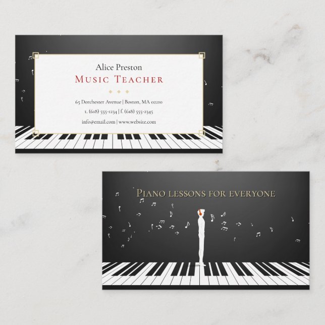 Carte De Visite Professeur de musique de piano | Unique (Devant / Derrière)