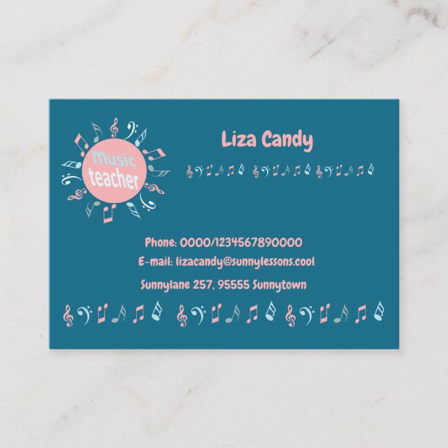 Carte De Visite Professeur de musique élégante notes bleu arrière  (Devant)
