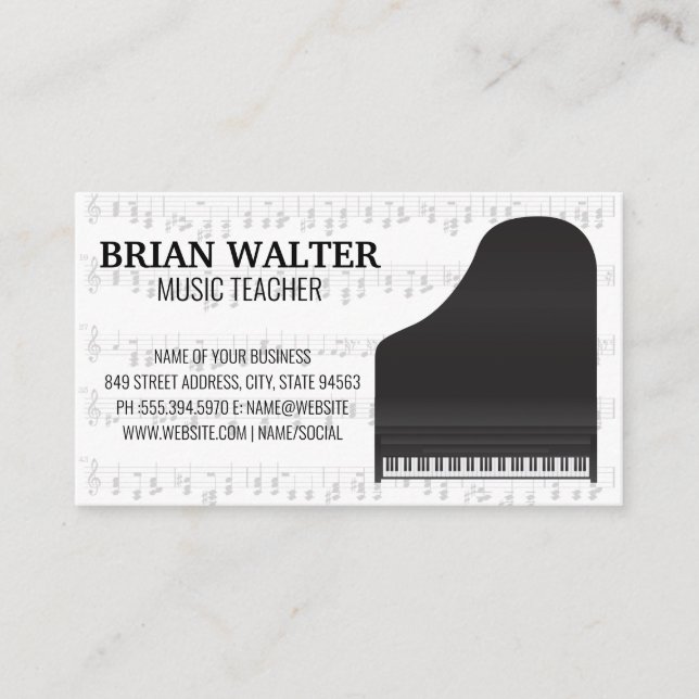 Carte De Visite Professeur de musique | Grand Piano | Notes musica (Devant)