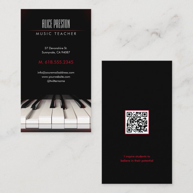 Carte De Visite Professeur de musique | Piano noir blanc (Devant / Derrière)