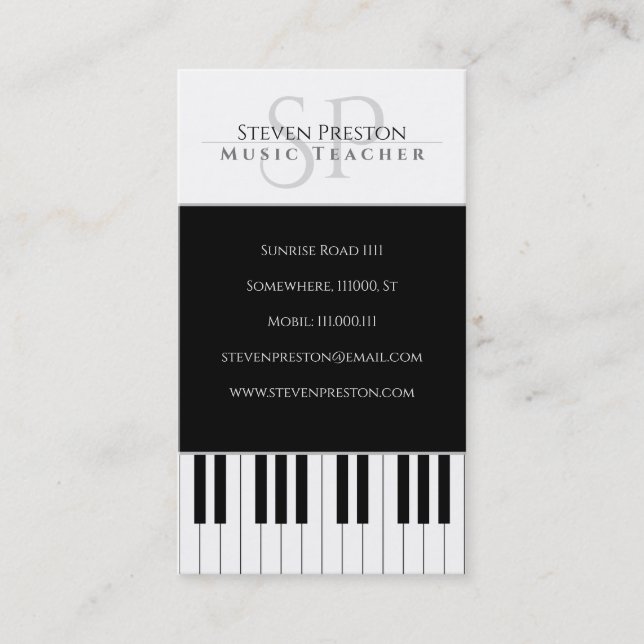 Carte De Visite Professeur de musique | Touches de piano noir blan (Devant)
