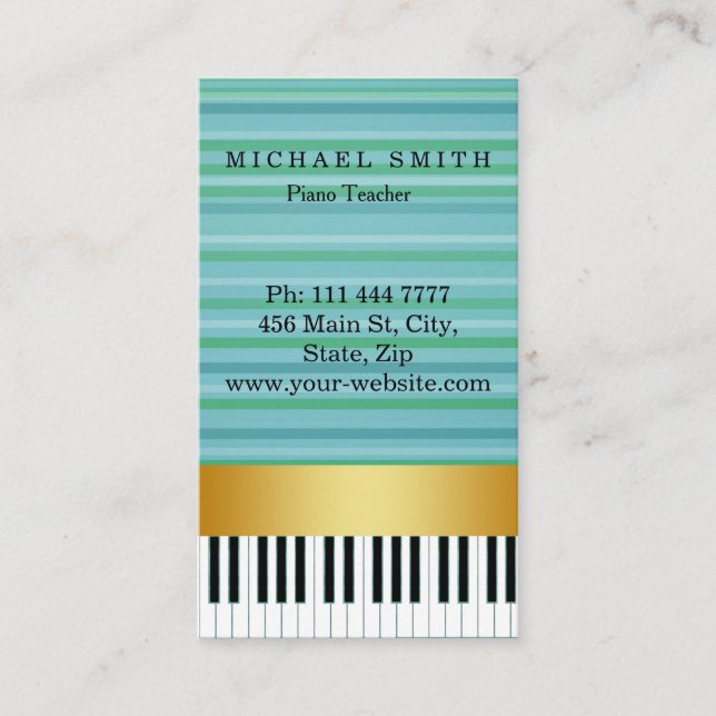 Carte De Visite Professeur personnalisé de Piano Stripe d'or perso (Devant)